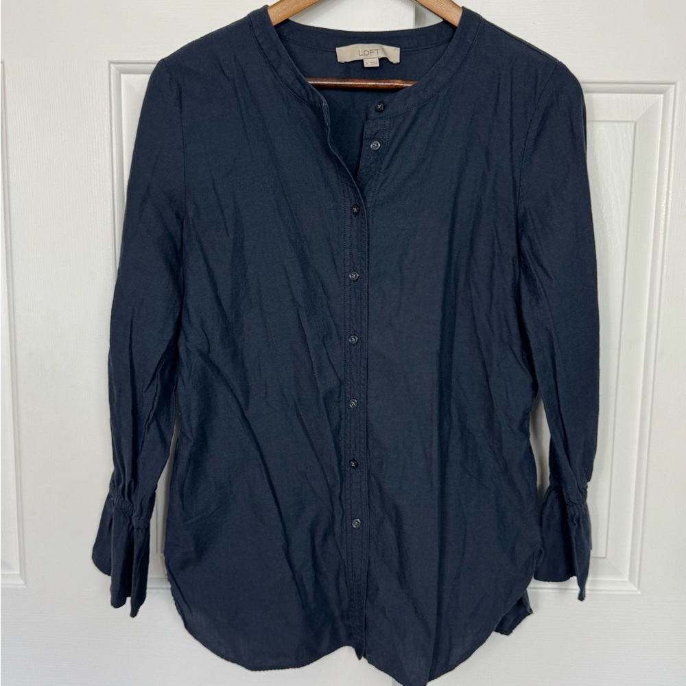 Loft Blouse Women's Small‎ Blue Flare 3/4 Sleeve Button Up Shirt
